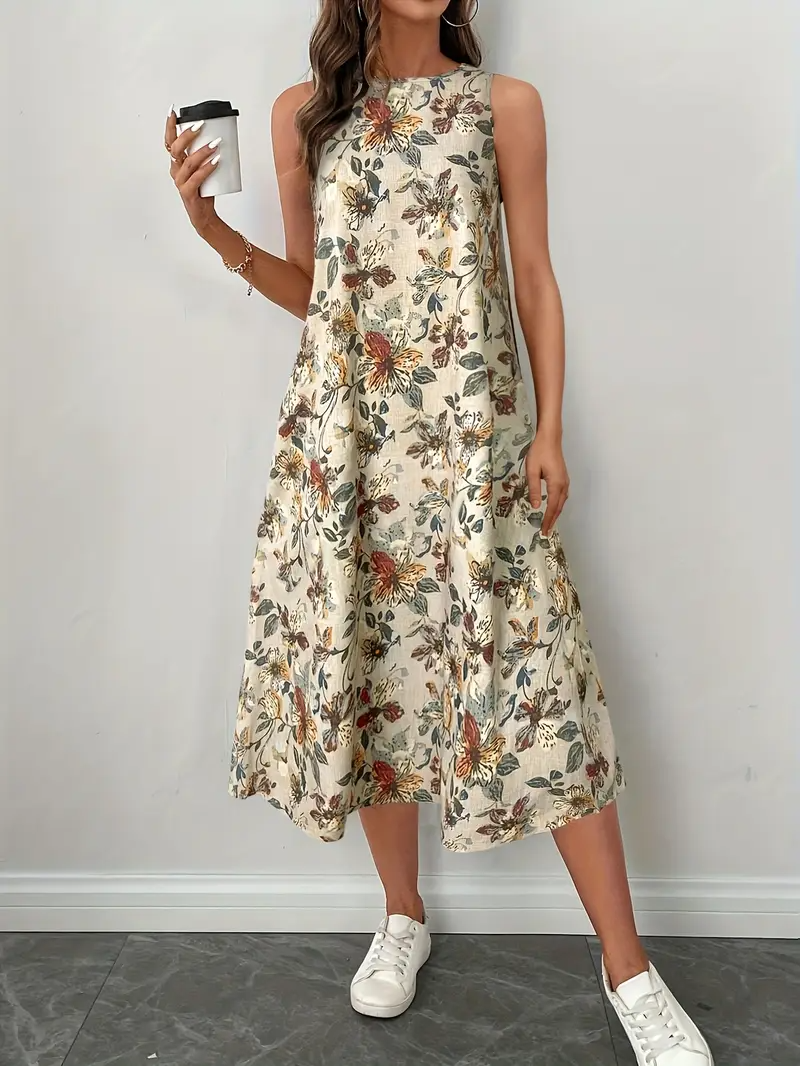 Vestido estampado elegante sin mangas con cuello redondo.