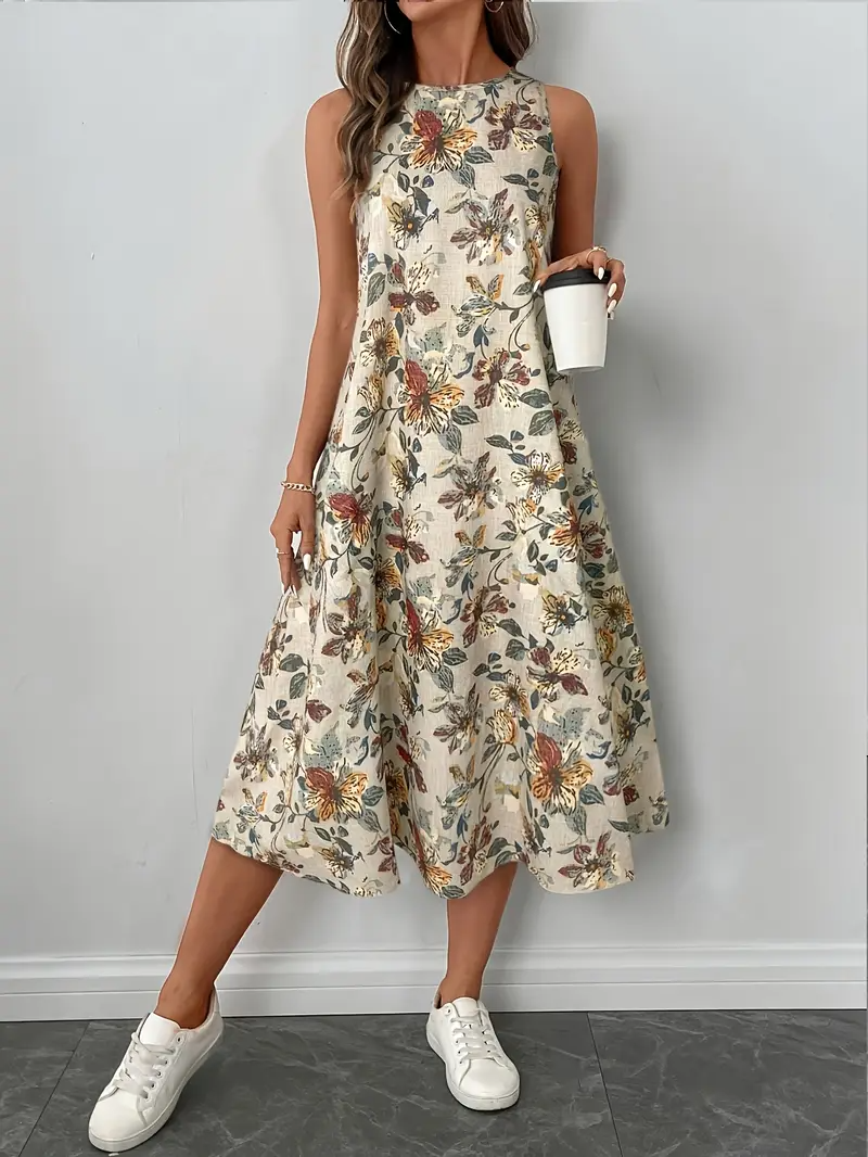 Vestido estampado elegante sin mangas con cuello redondo.