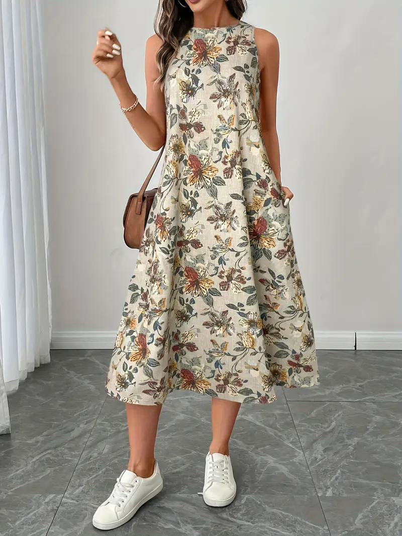 Vestido estampado elegante sin mangas con cuello redondo.